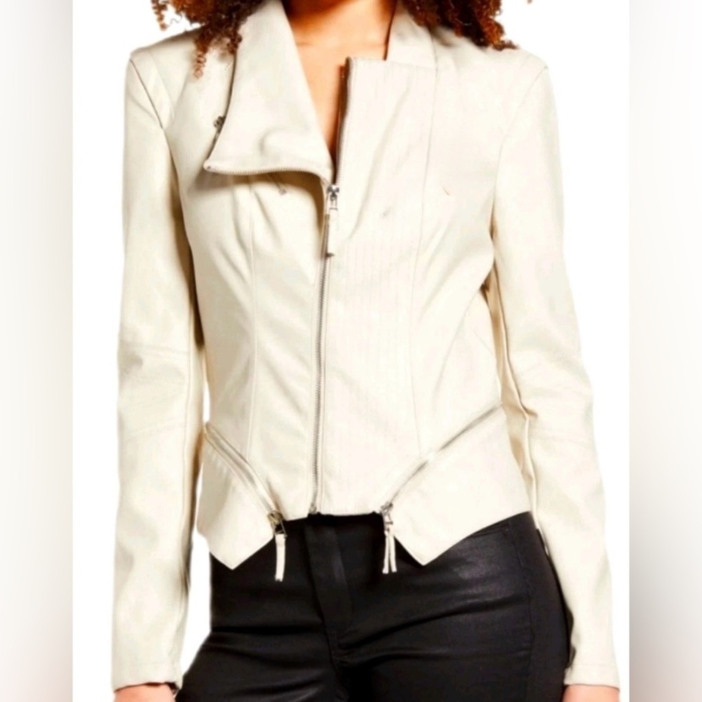 BLANKNYC Faux Leather Moto Jacket in Ivory Beige - Size M‎
